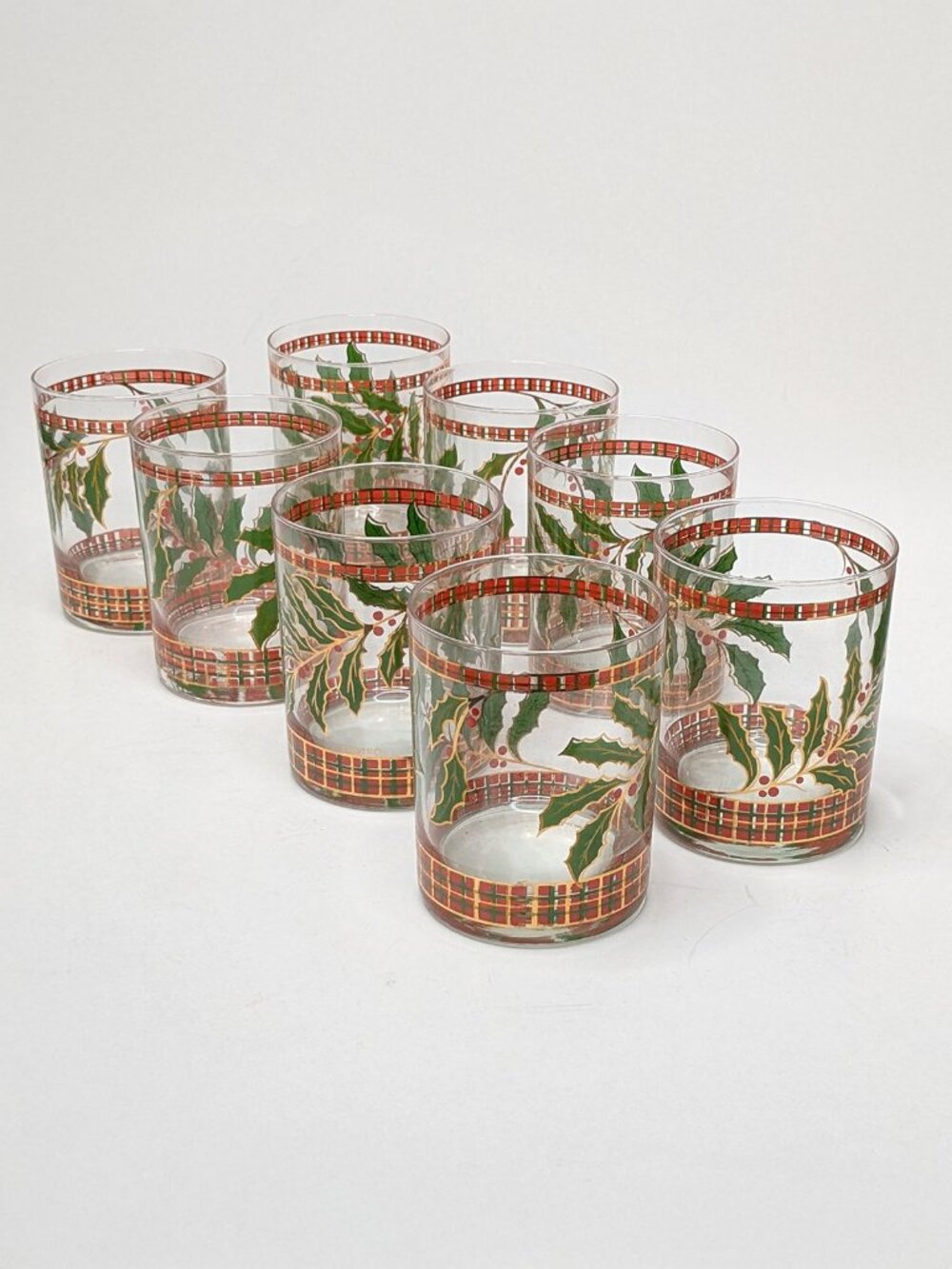 Culver Signed Mid-Century Christmas Holly & Berry Double Old Fashion Glasses x 8